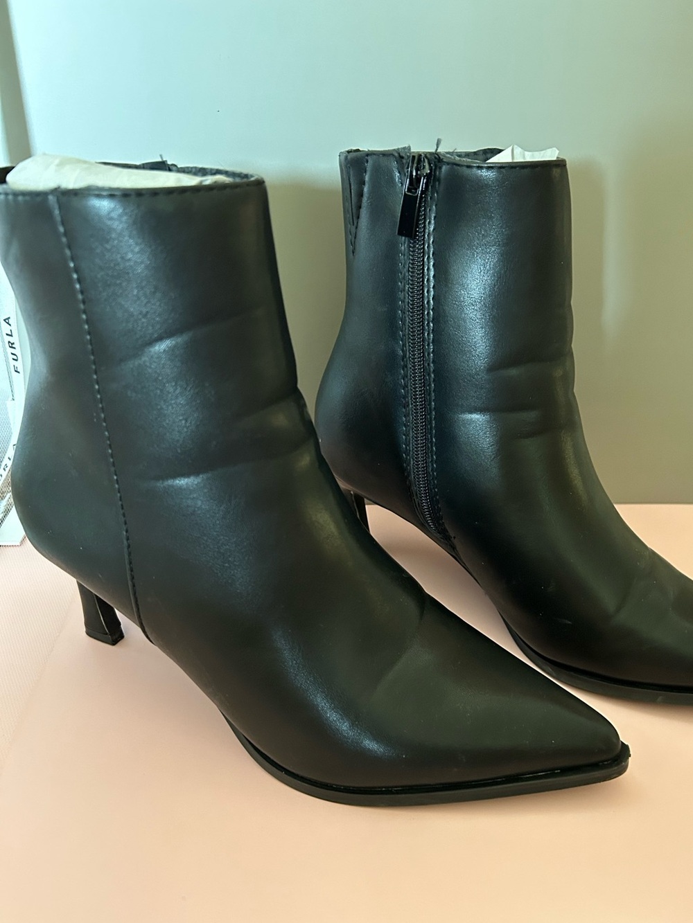 Black Pointed Toe Ankle Booties with Side Zip and funky 2.5” heel